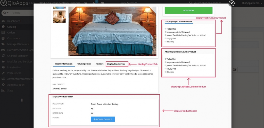 QloApps Room Type Extra Info Module hook's positions