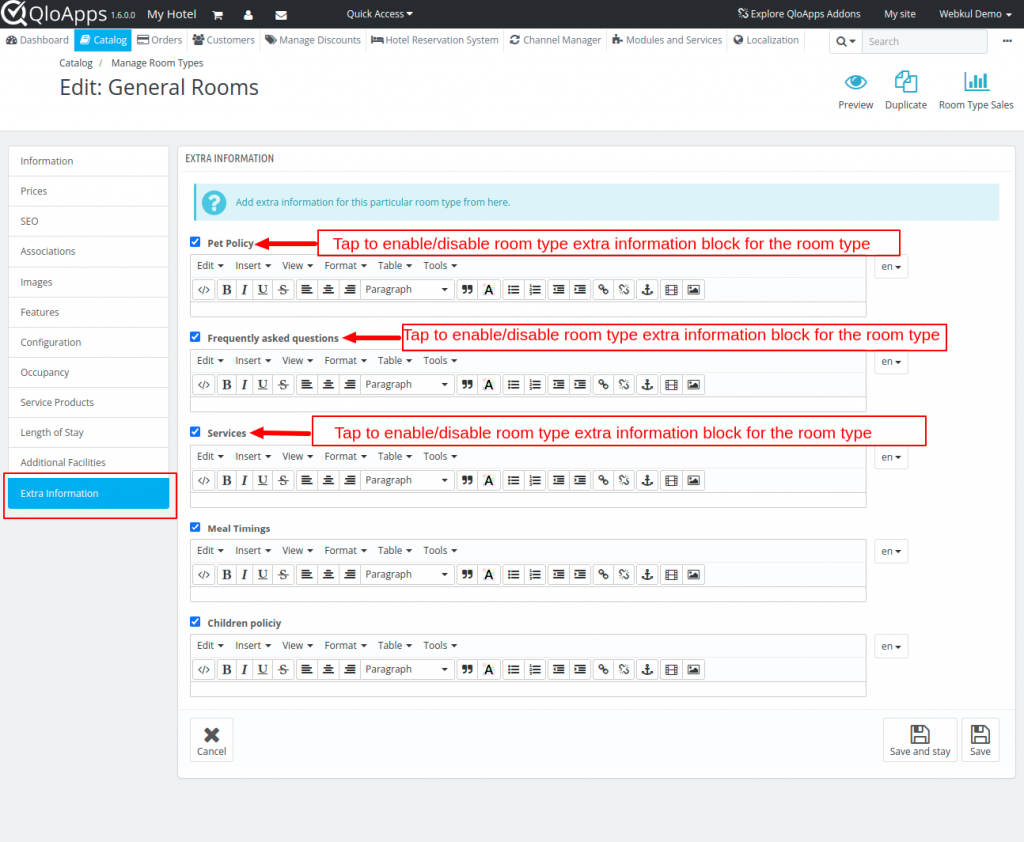 QloApps Room Type Extra Info block apply