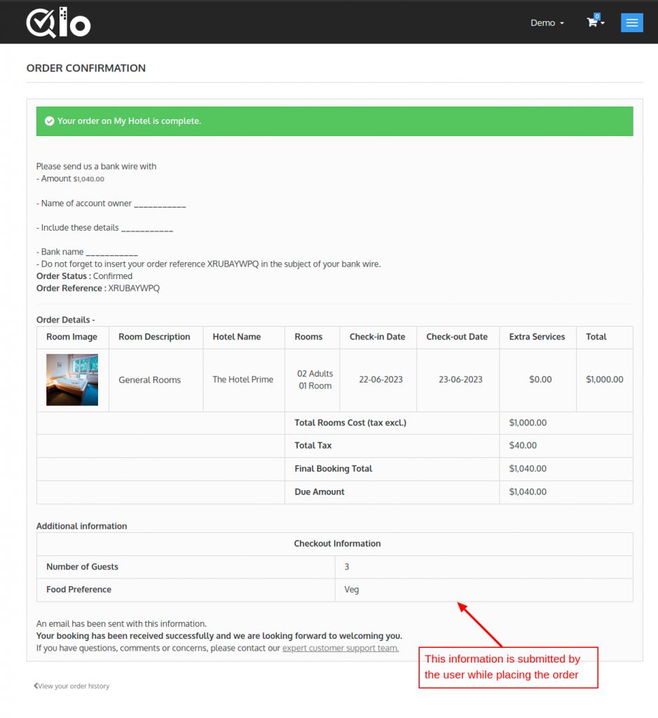 QloApps Checkout Custom Fields confirmation page