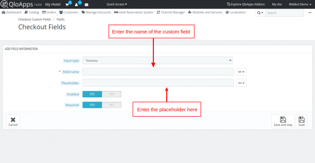 QloApps Checkout Custom Fields text area