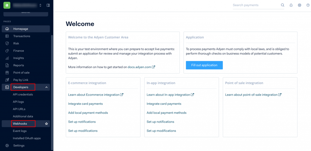 Dashboard of Adyen Payment Gateway 