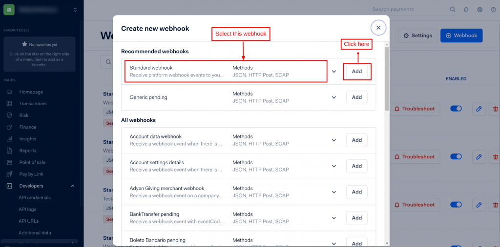 How to create new webhook in Adyen Payment Gateway 