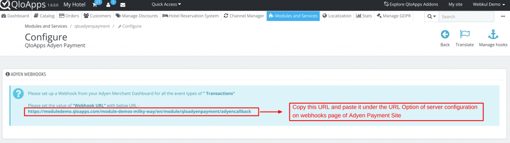 Section where URL of webhook is found in QloApps for Adyen Payment Gateway Module