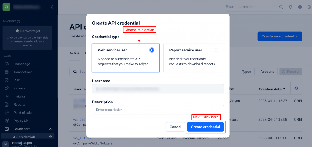 API credentials on Adyen Payment page