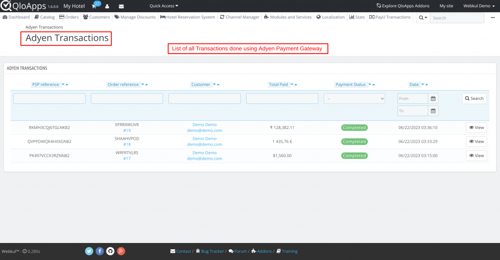 Adyen Transactions Page in QloApps 