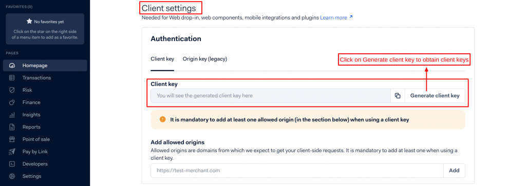 Client Settings Section of Adyen Payment 