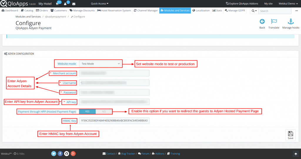 Configuration page of QloApps Adyen Payment Gateway Module 