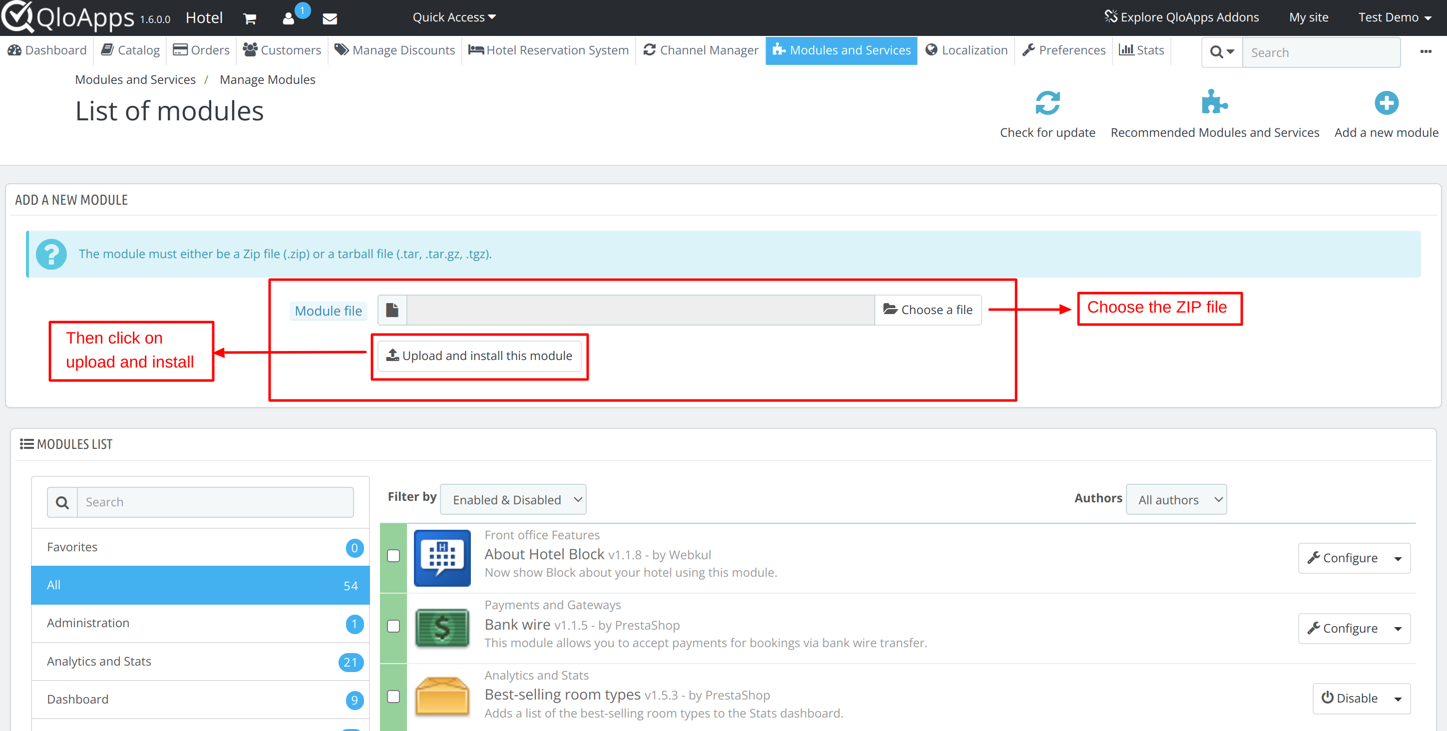 Modules and Services Tab at the Back office of QloApps