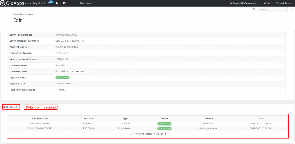 Refund details of Adyen Payment