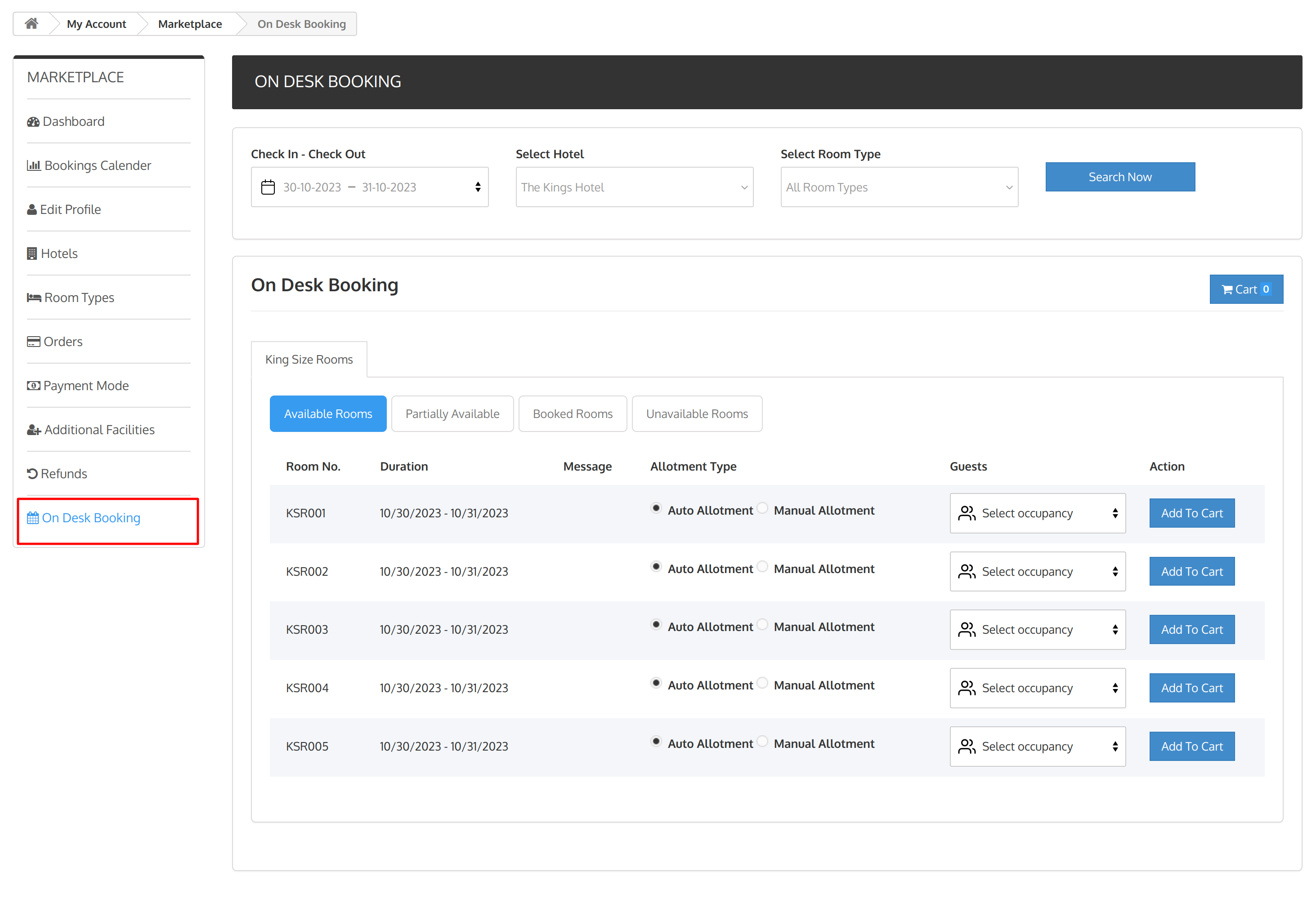 on-desk booking tab in seller interface.