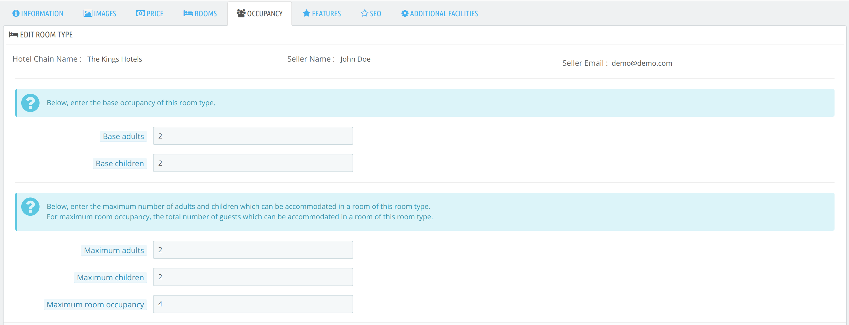 Occupancy section in Seller room type