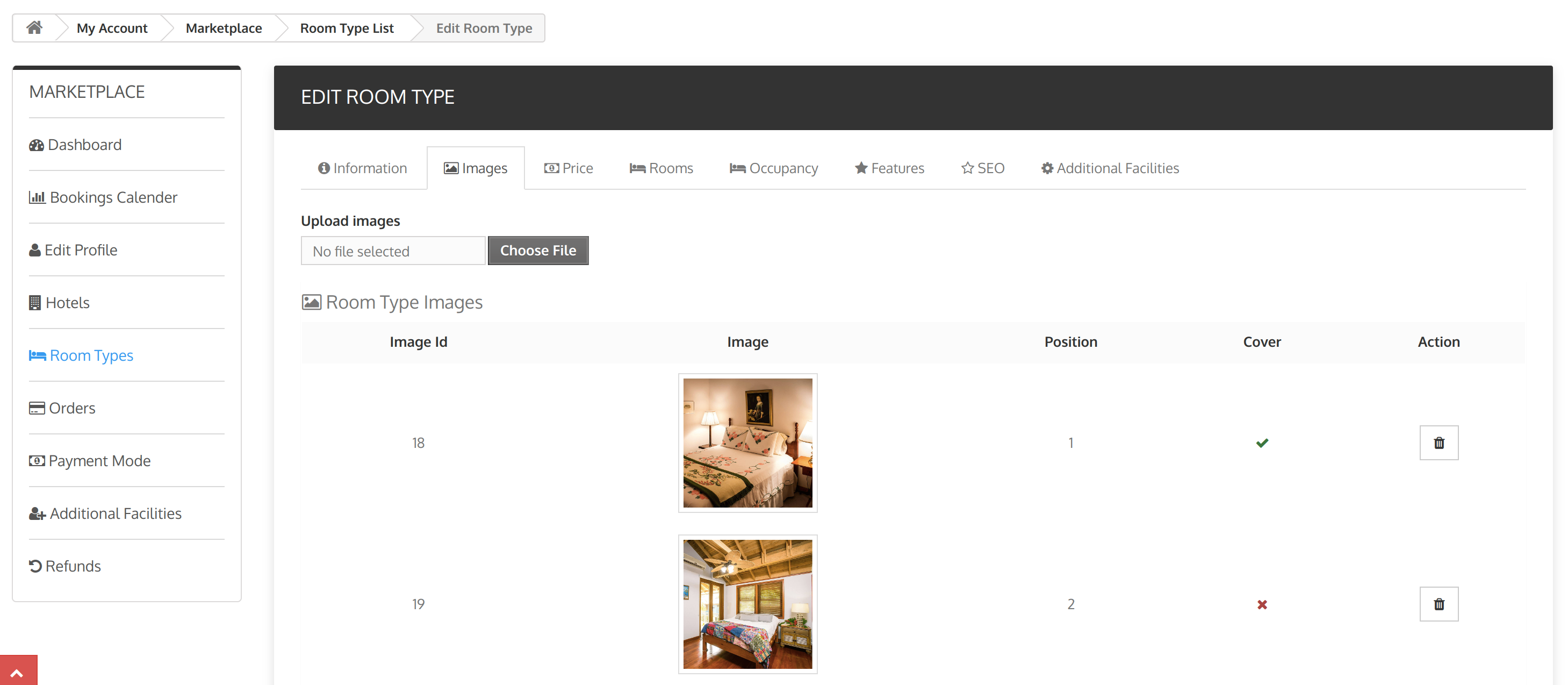 image section in seller room type tab