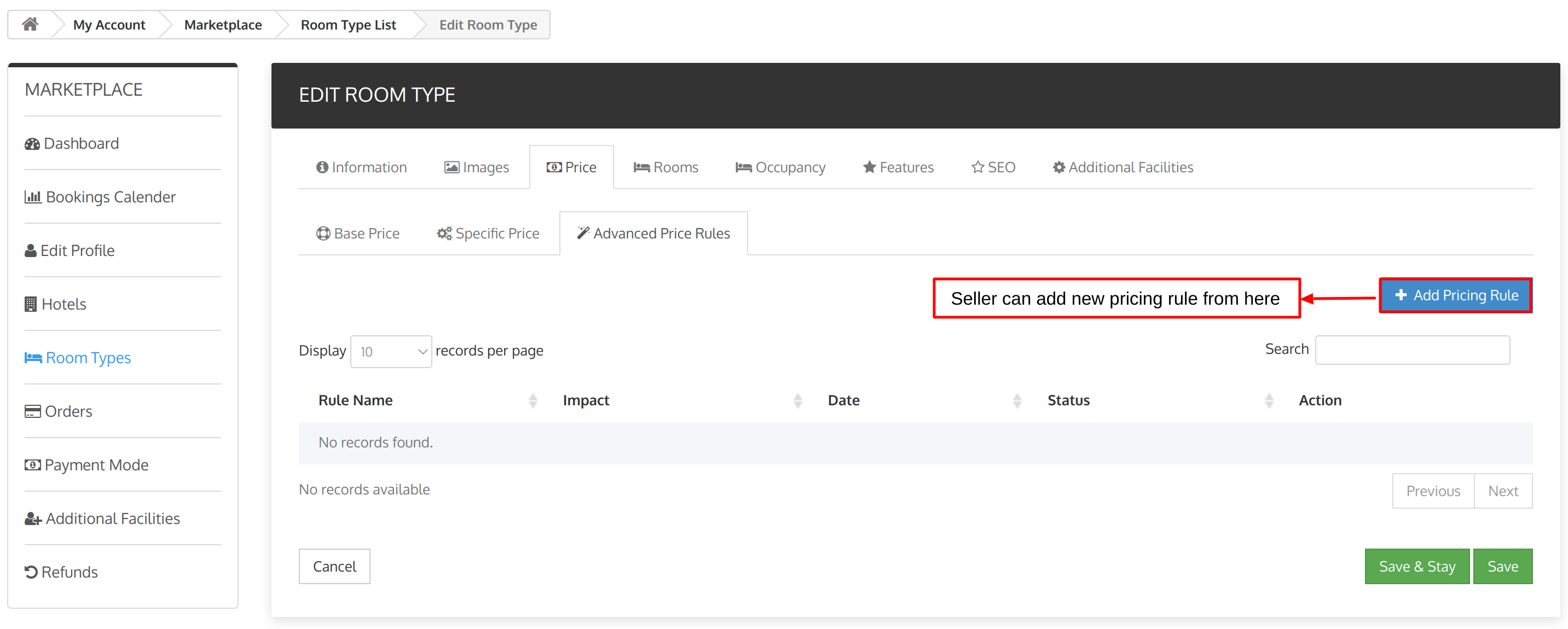 add new pricing rule option in seller room type tab