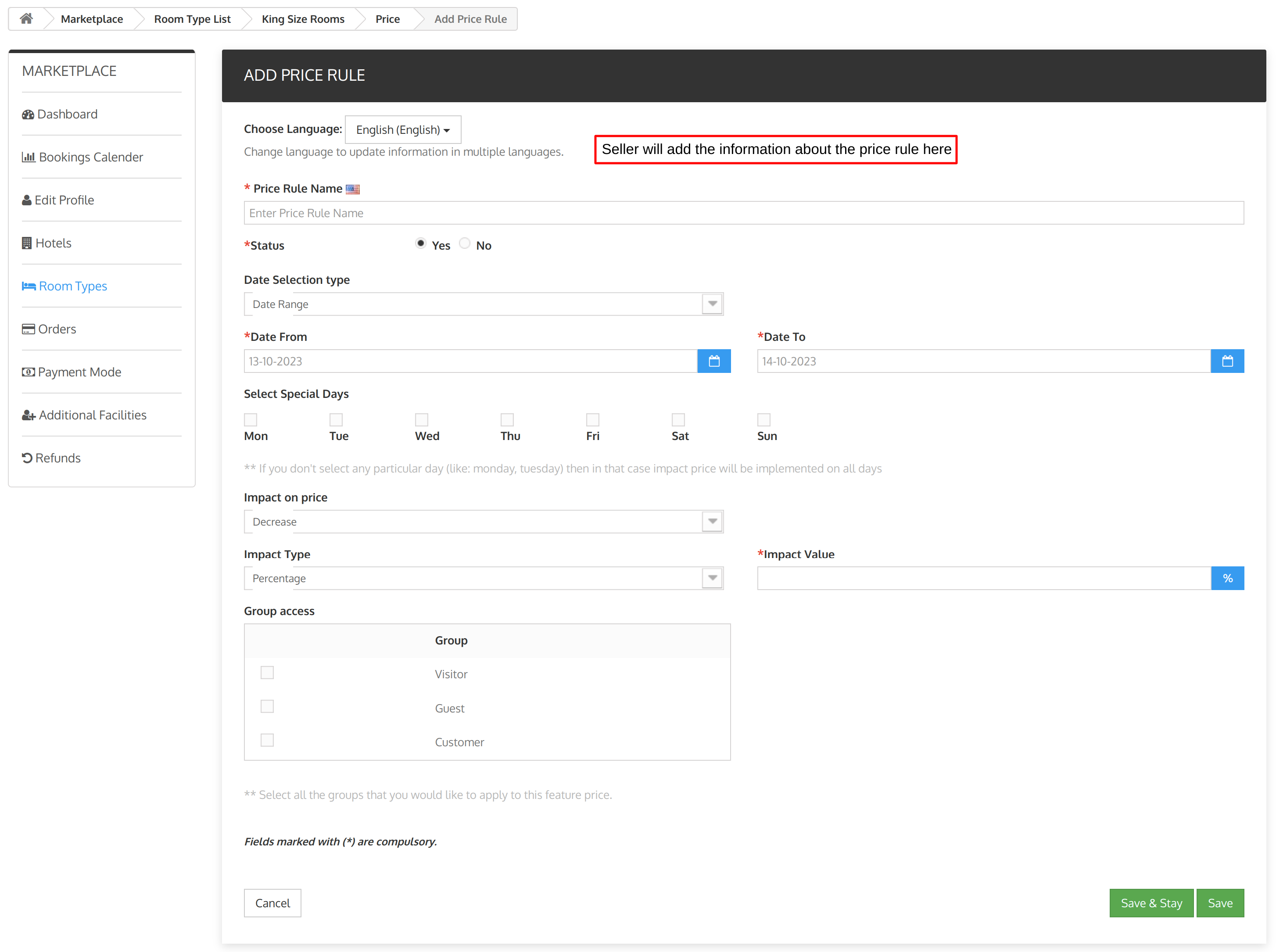 price rule option in seller room type tab