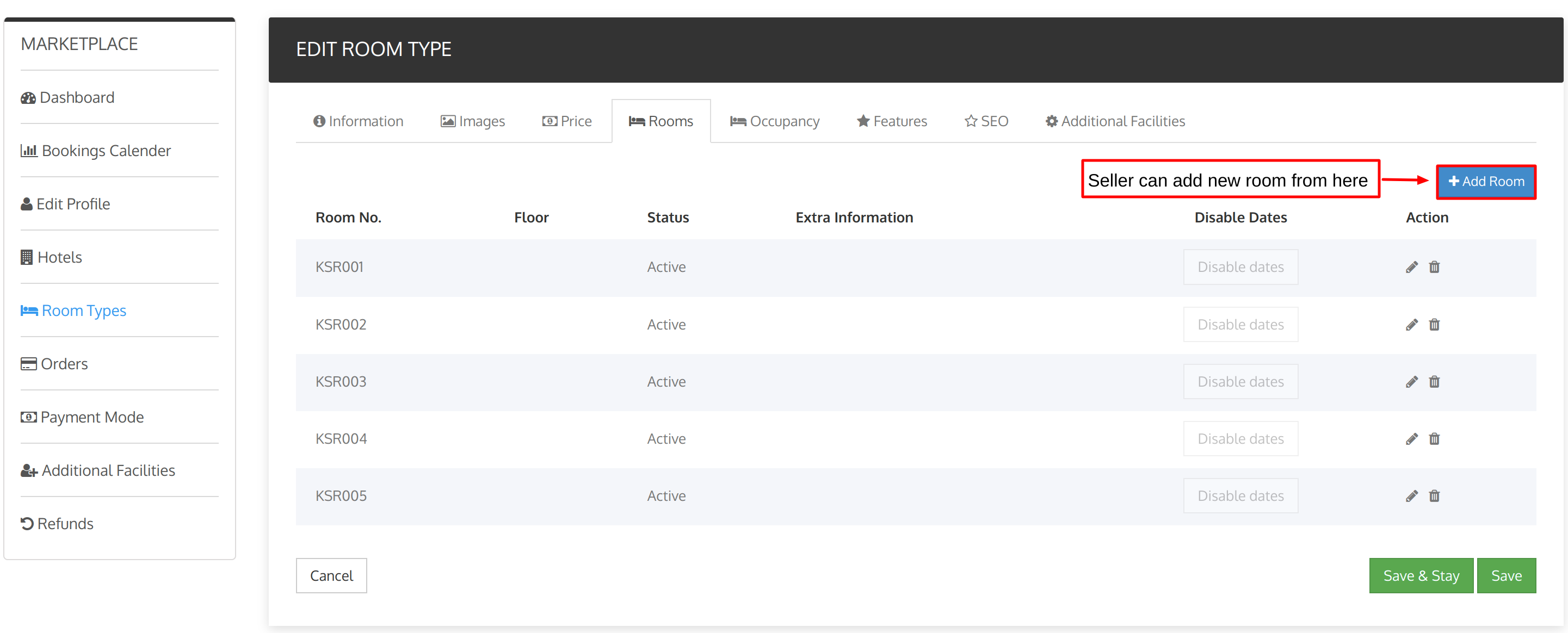 Add rooms option in seller room type tab