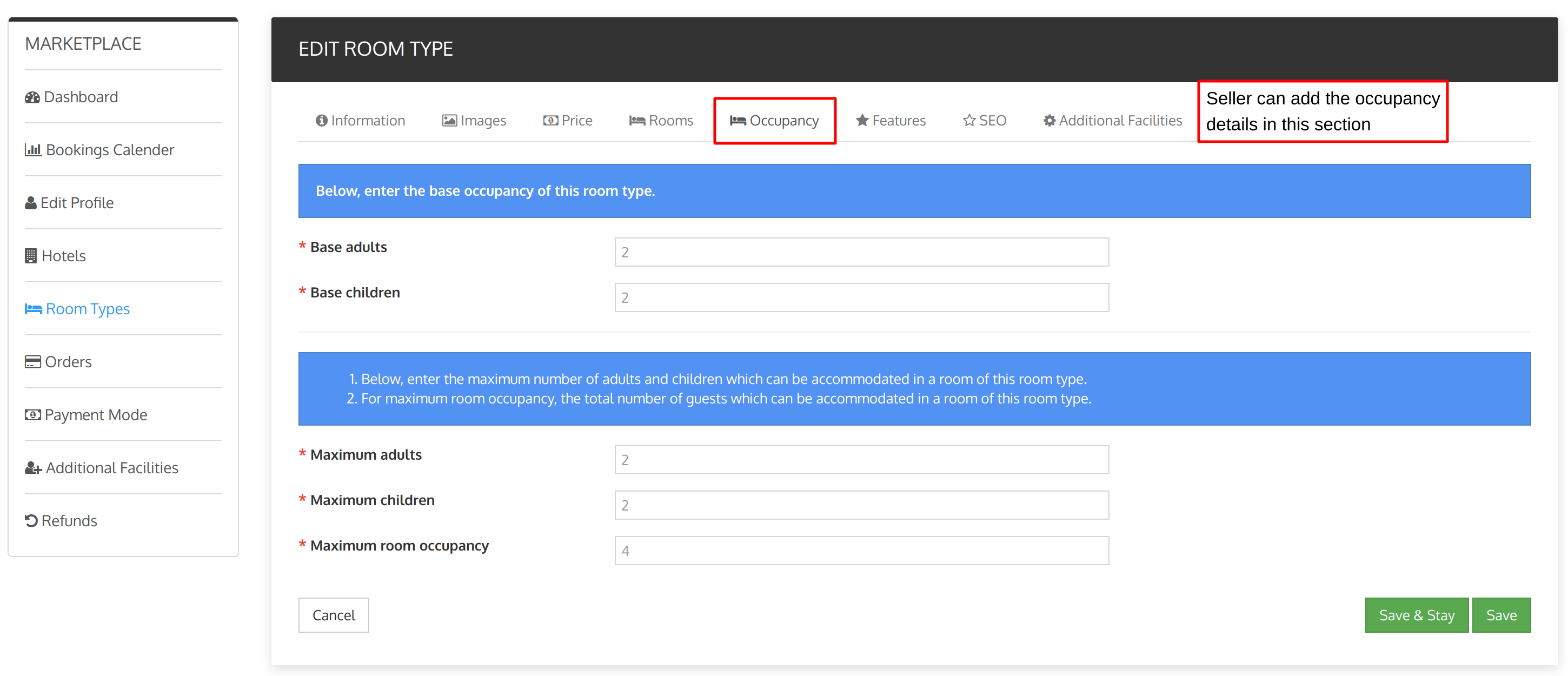 Add occupancy option in seller room type tab