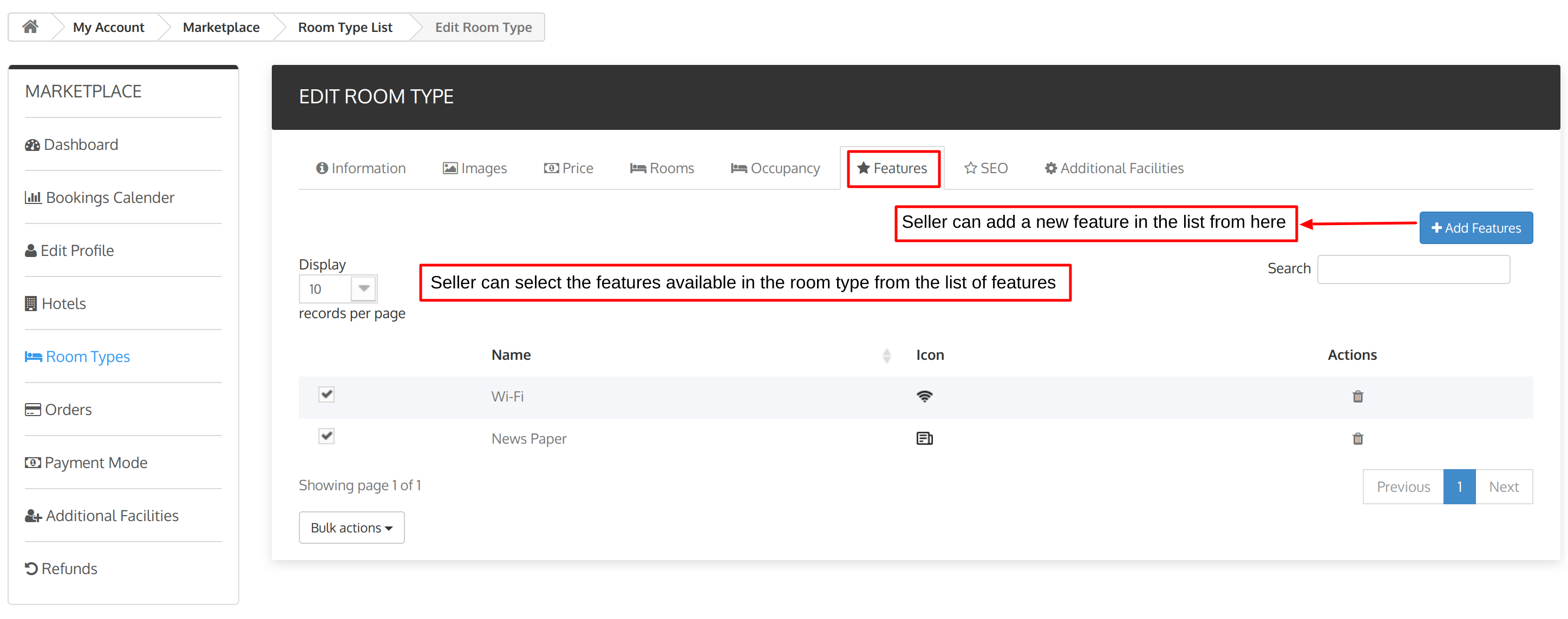Add features in room type from seller room type tab