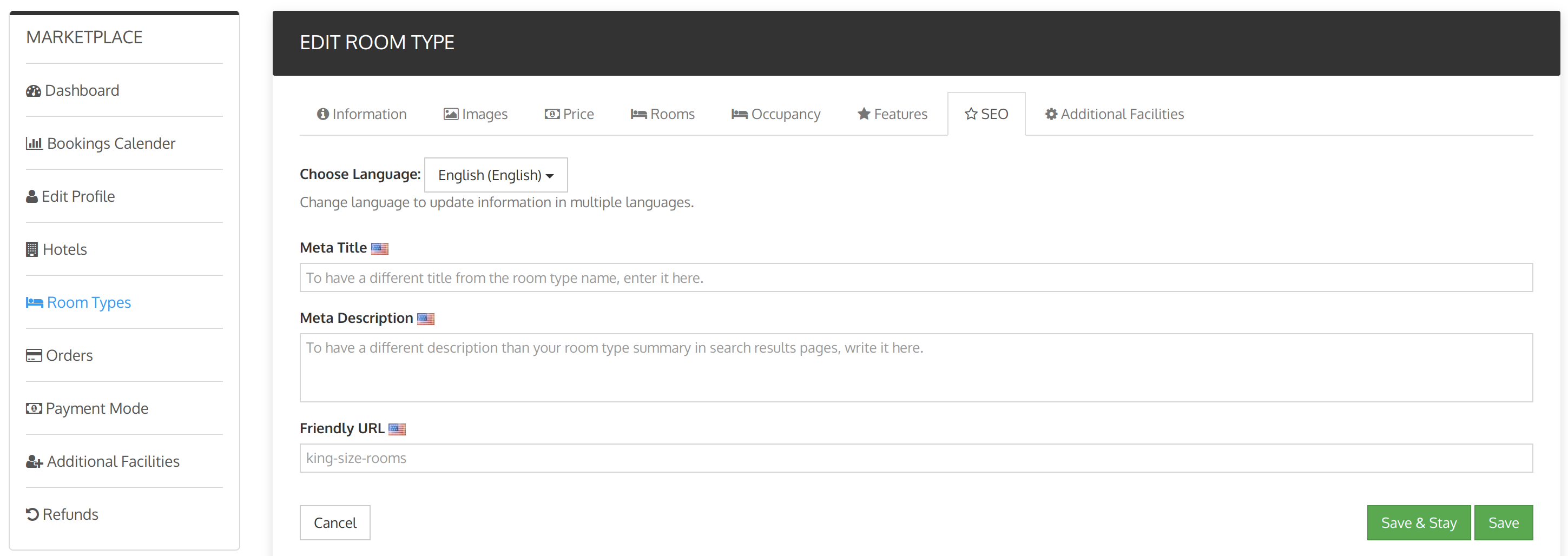 SEO option in seller room type tab