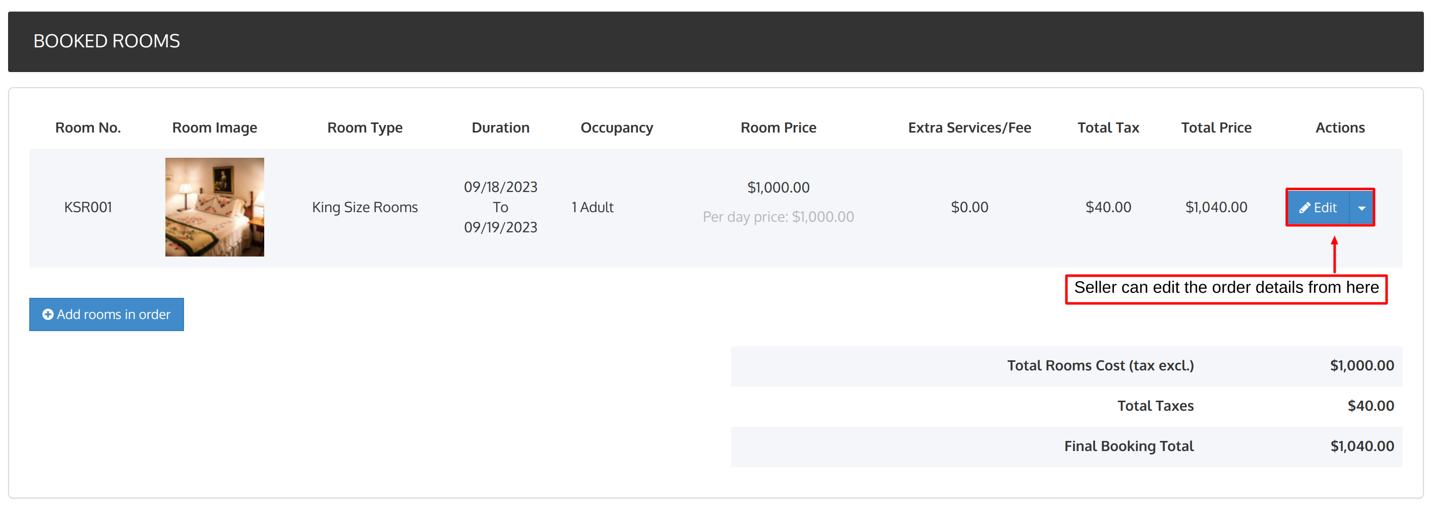 Booked rooms details in seller portal