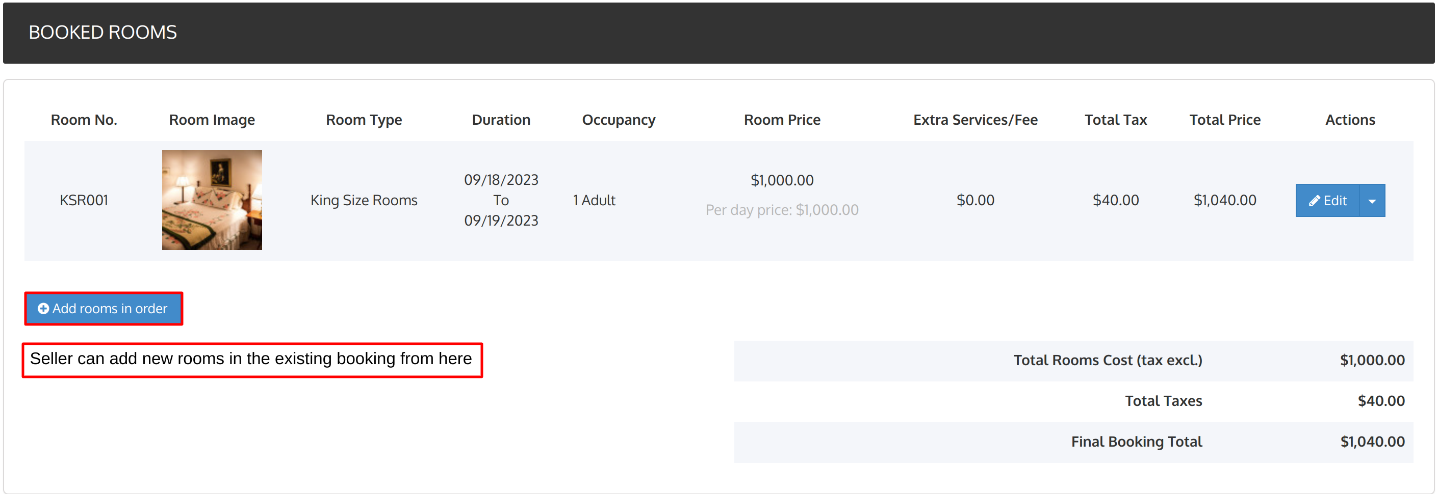 add room in order page in seller portal