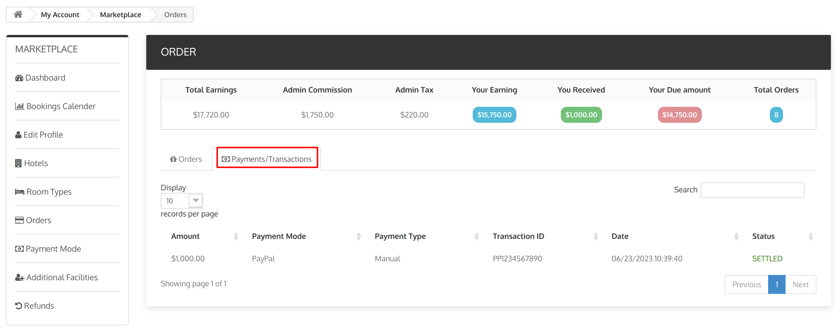 Payments/Transactions section in orders tab of seller portal
