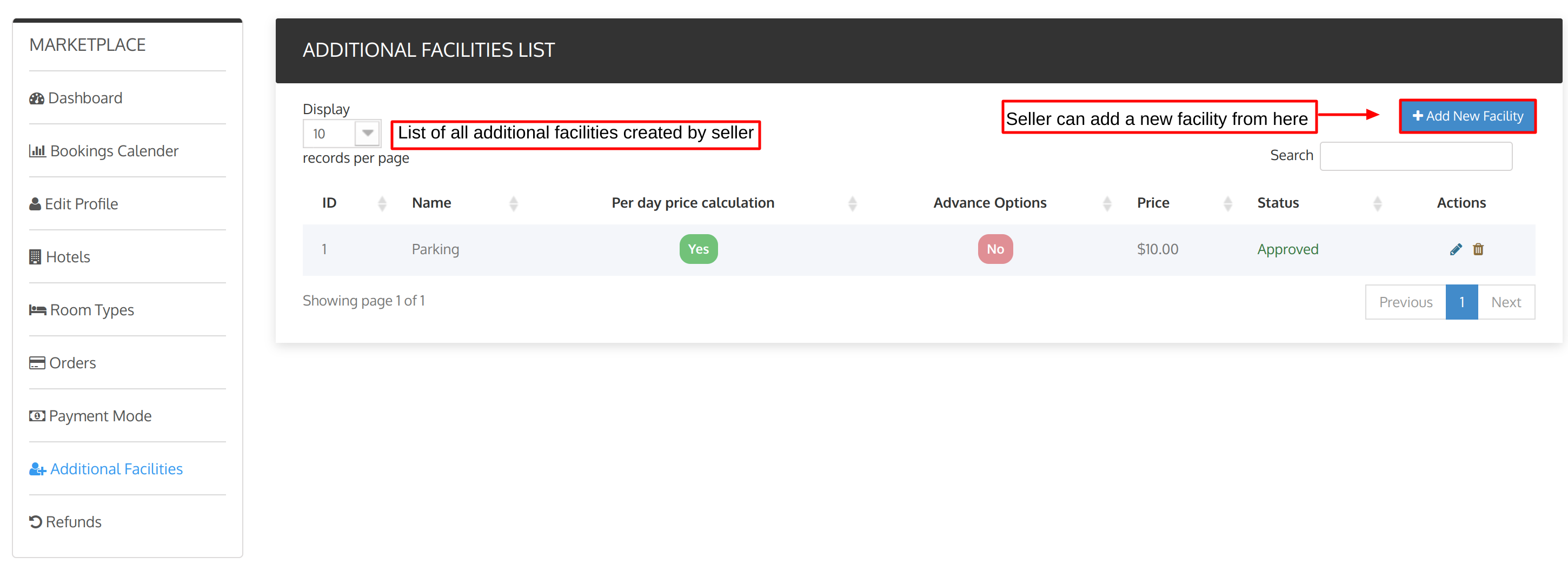 Additional facility tab in seller portal