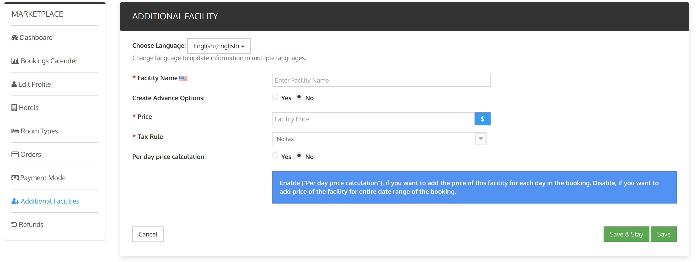 Additional facility option in seller portal