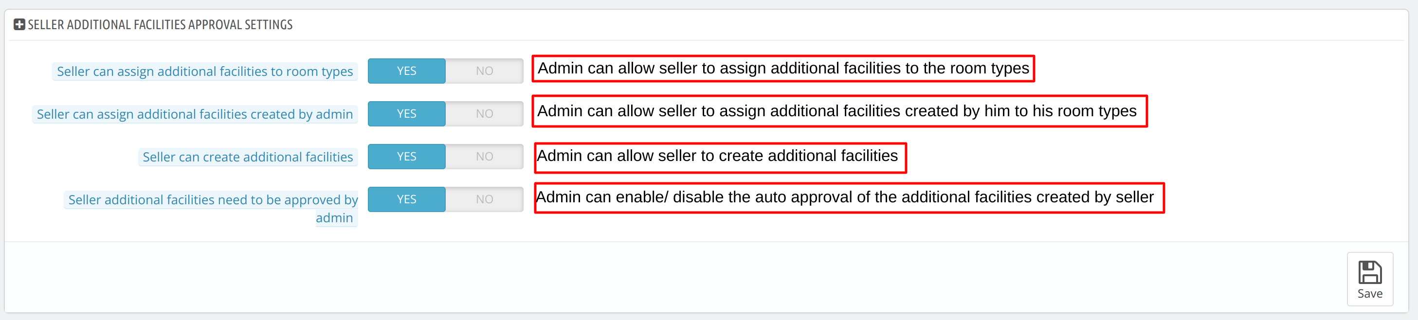 Seller Additional Facilities Approval Settings