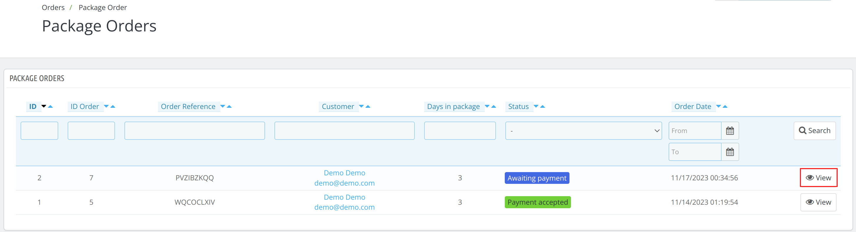 package orders page