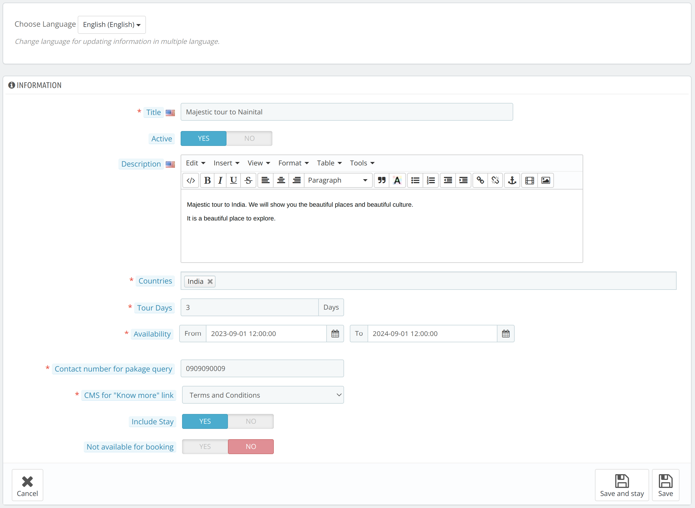 information tab in manage packages