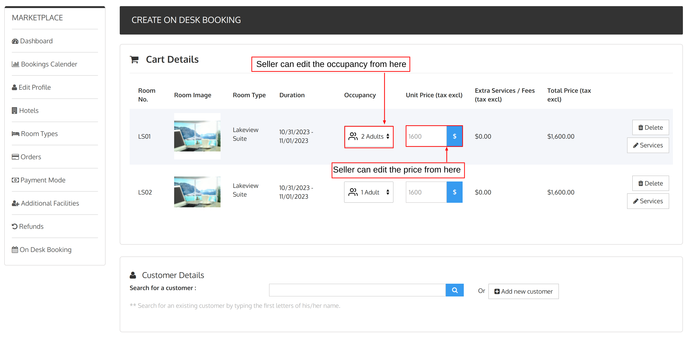 edit price and occupancy from cart details page