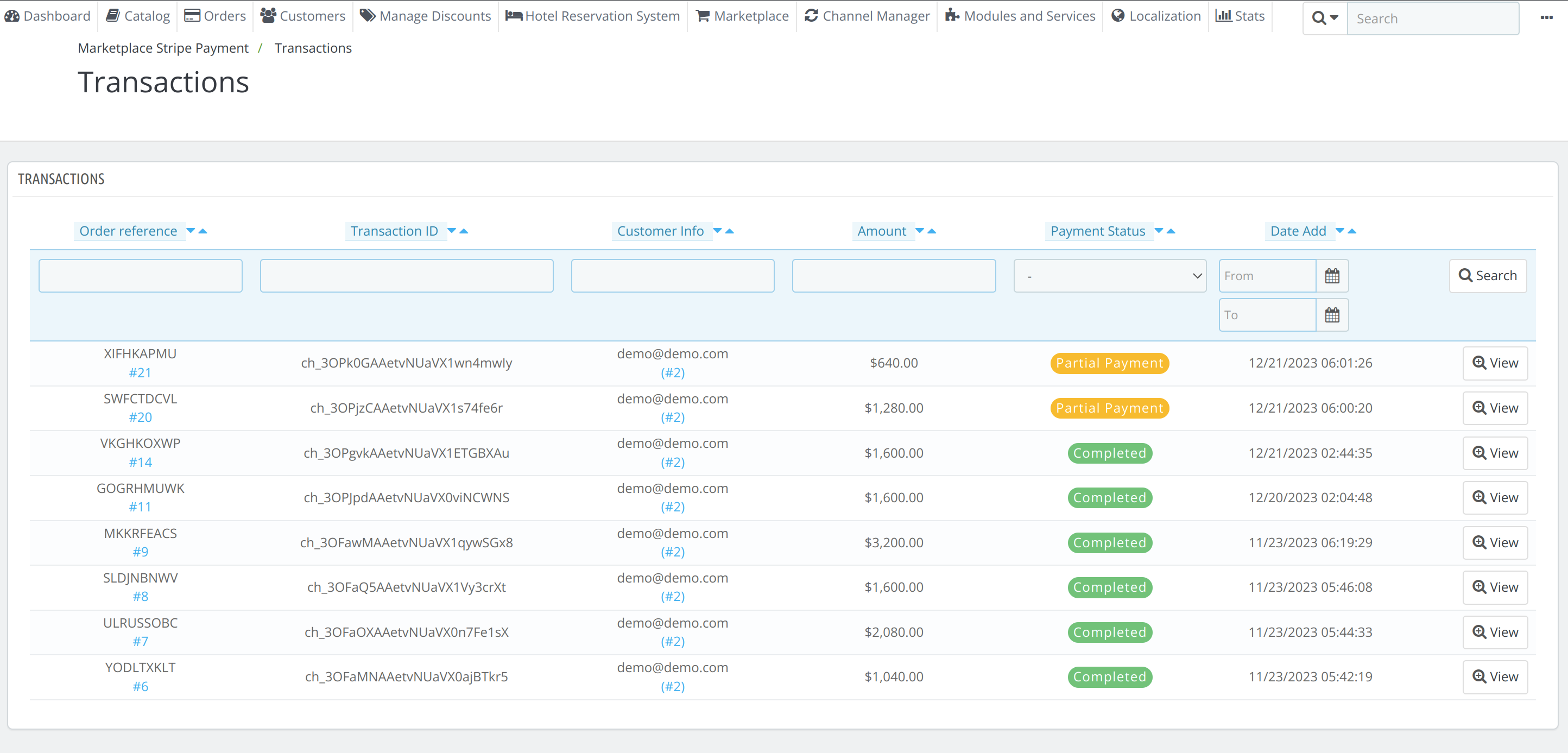 Transaction Page of Marketplace Stripe  Payment Gateway