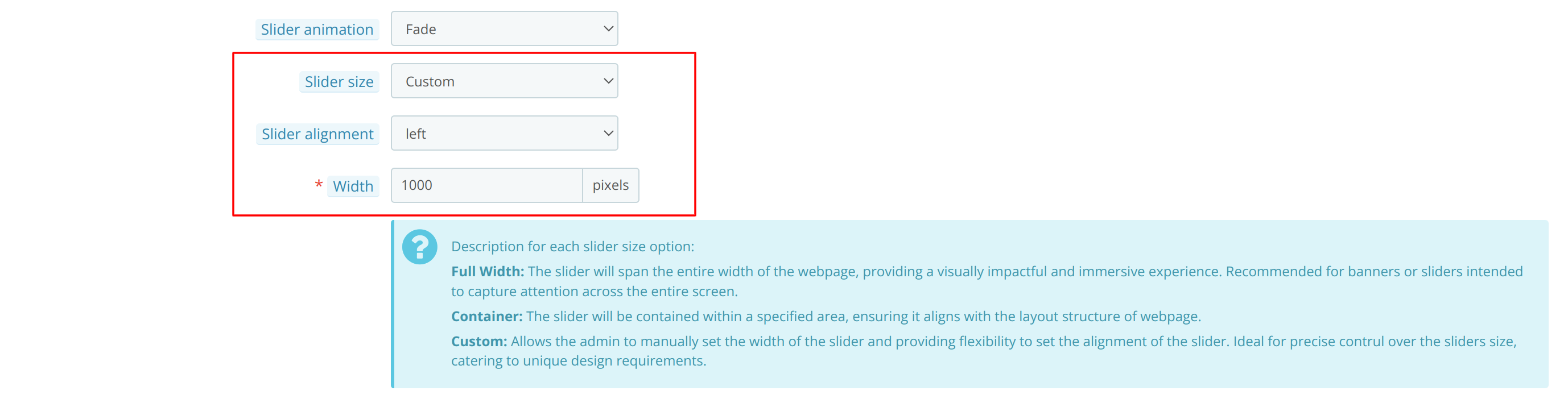 Custom slider size