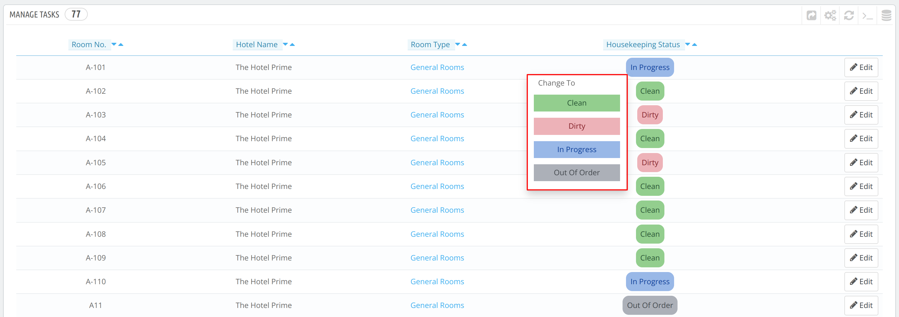 change housekeeping status of room from list view