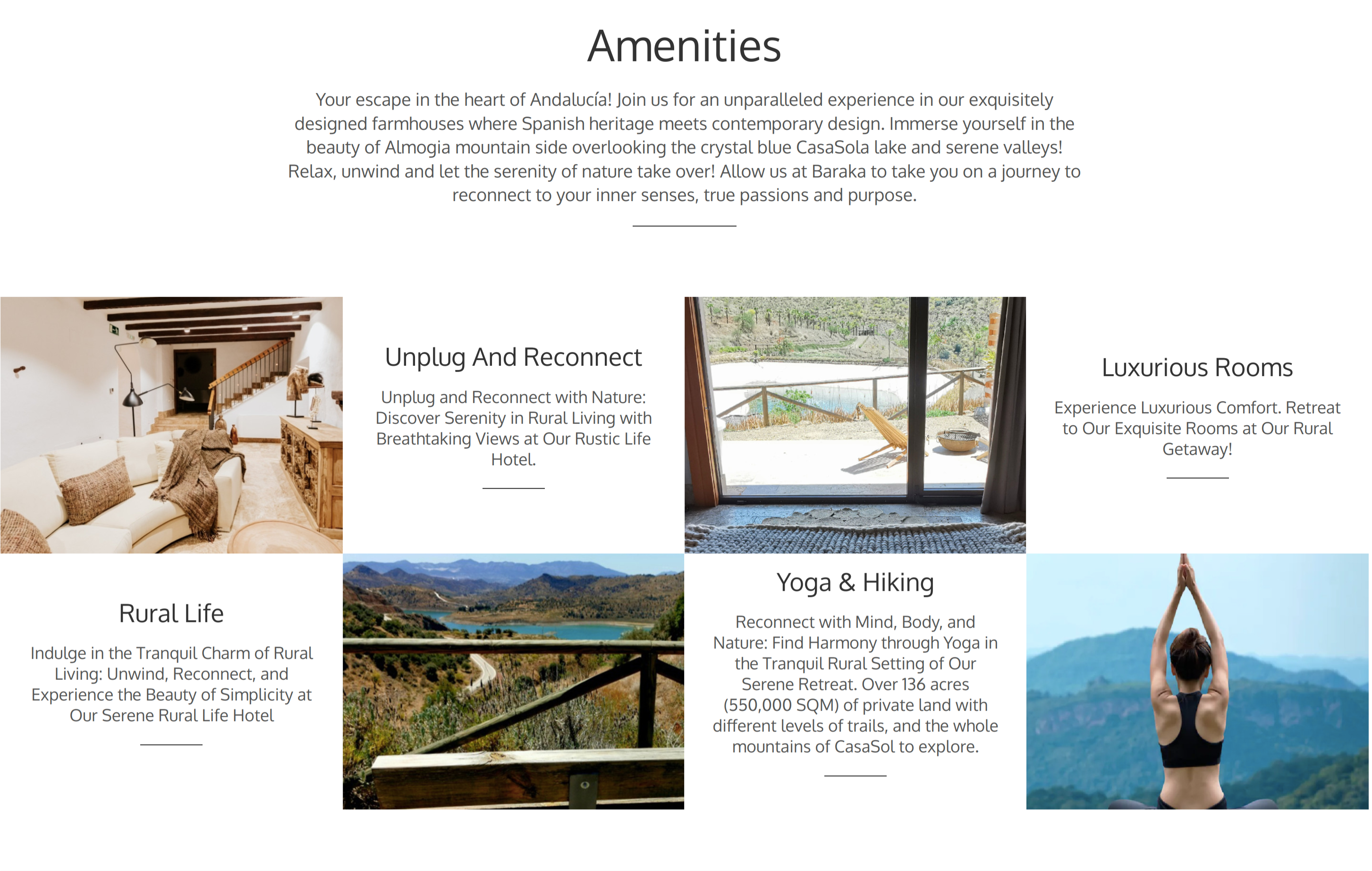 amenities section in hotel website of Baraka Holistic