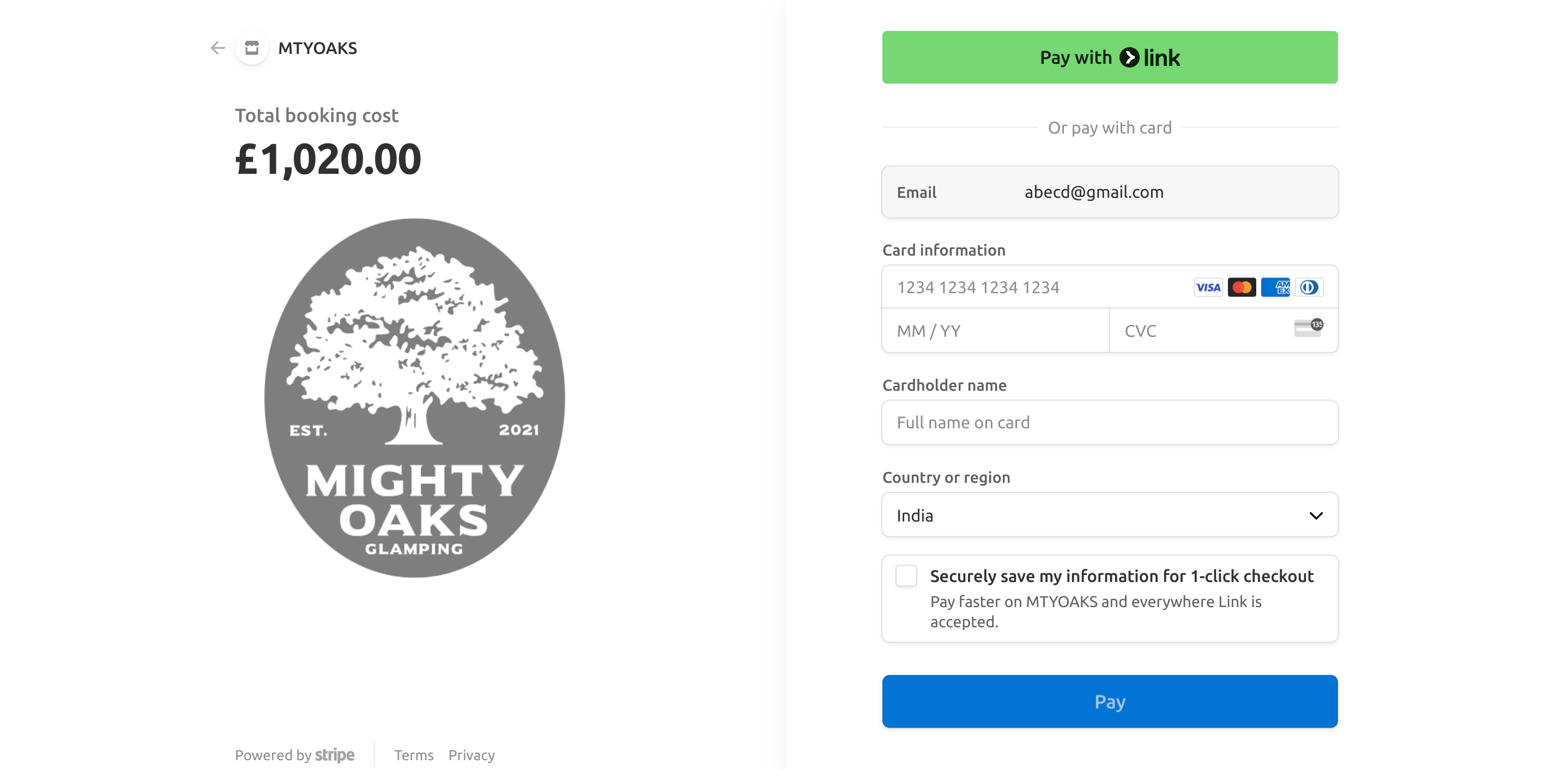 Mighty Oaks Glamping payment using stripe