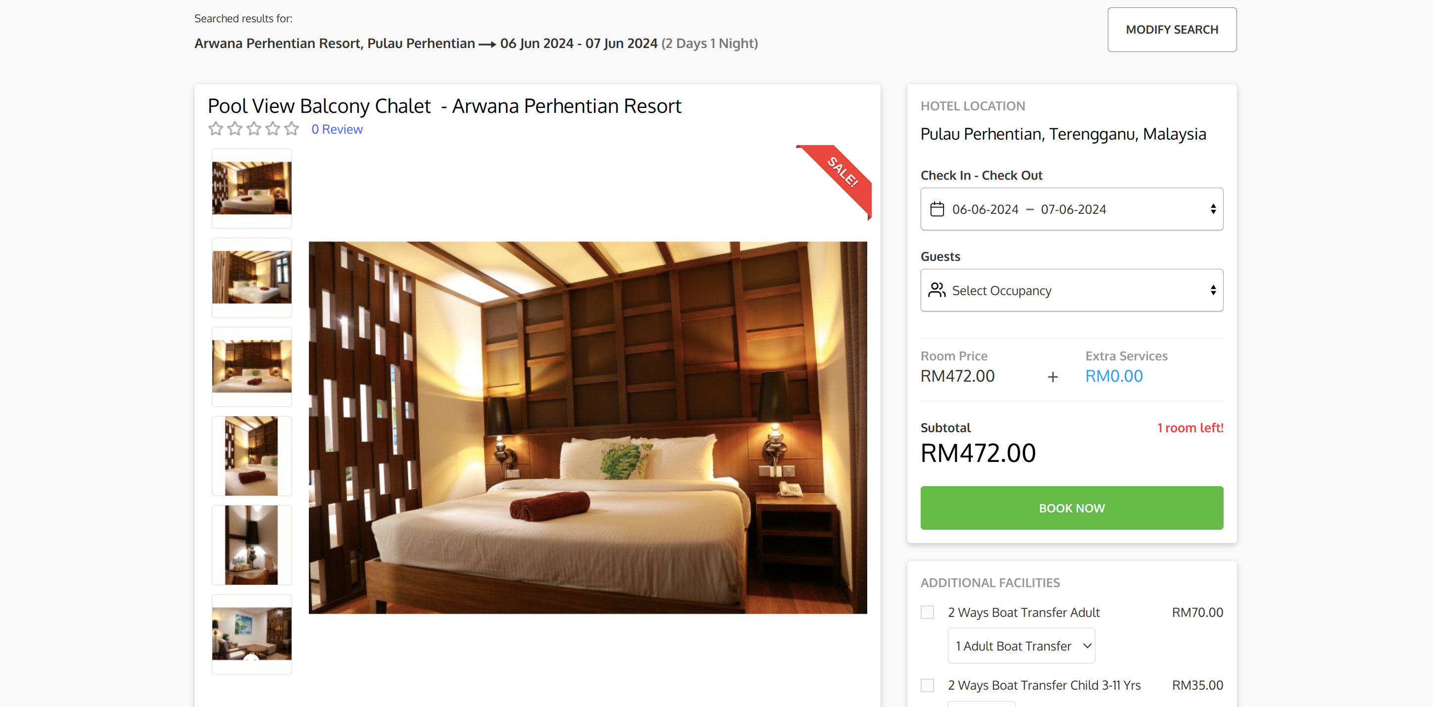 Room information page of Arwana Perhentian Resort booking website