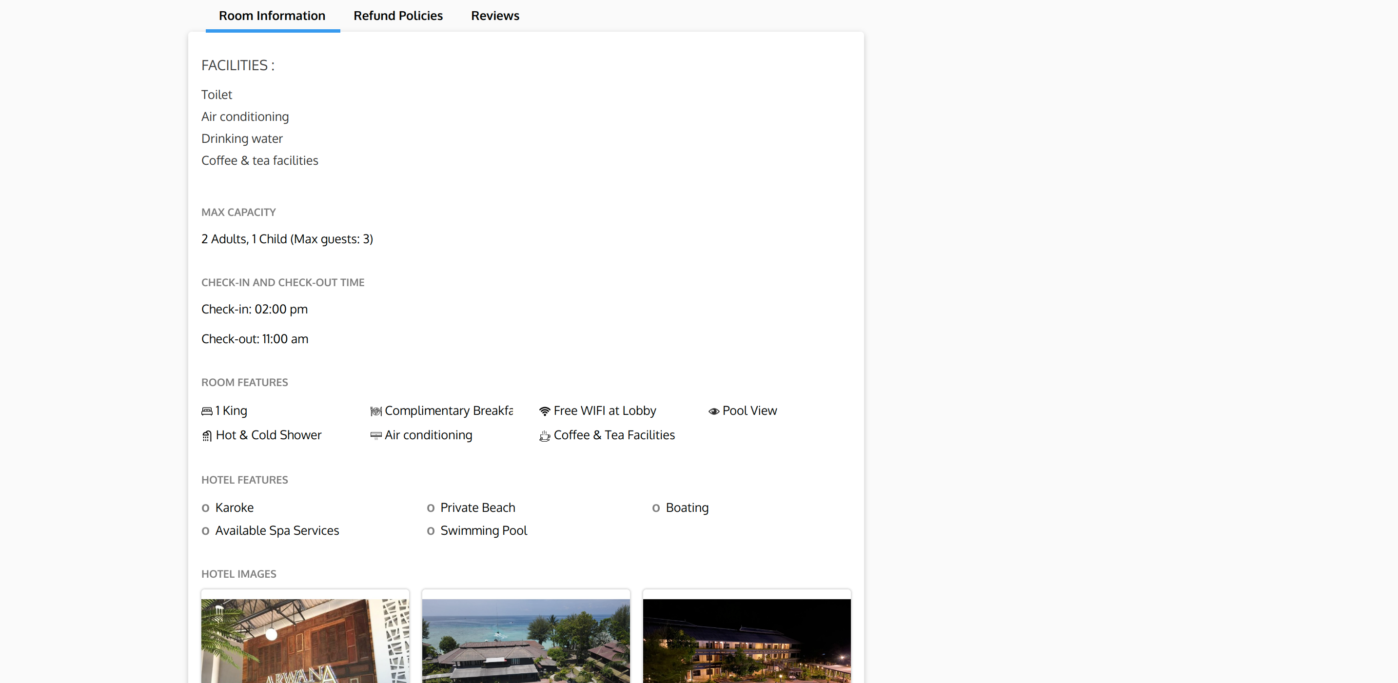 Room information page of Arwana Perhentian Resort booking website