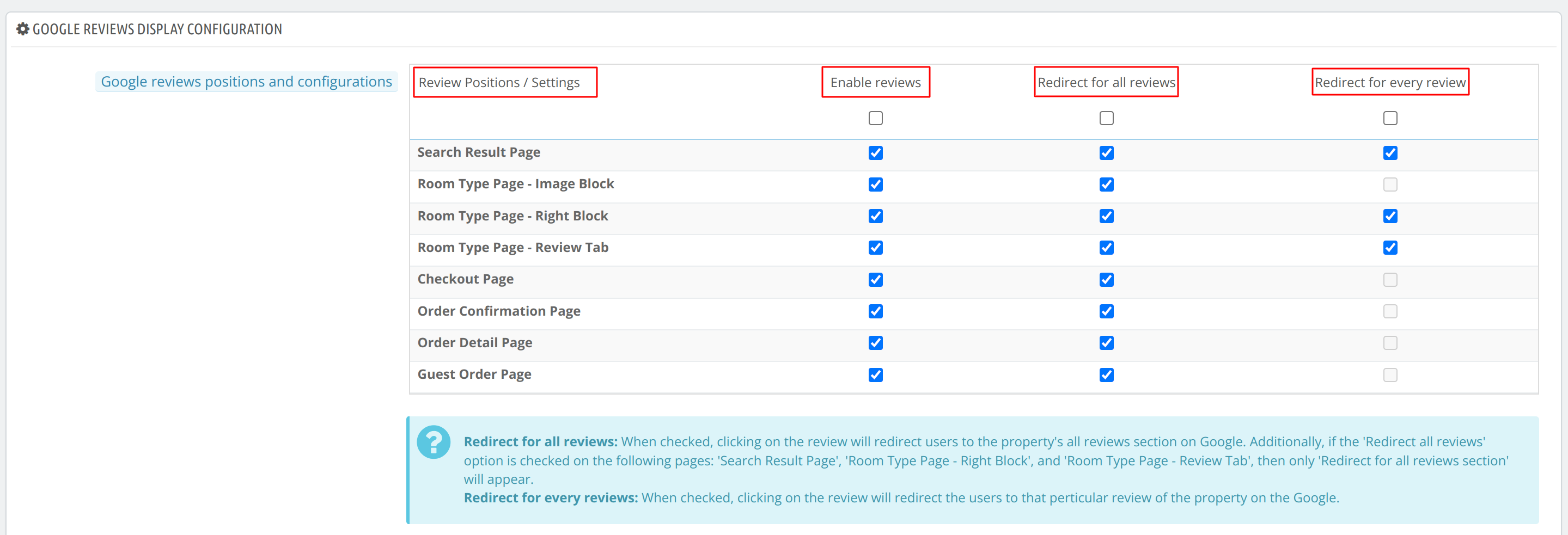 Google reviews positions and configurations