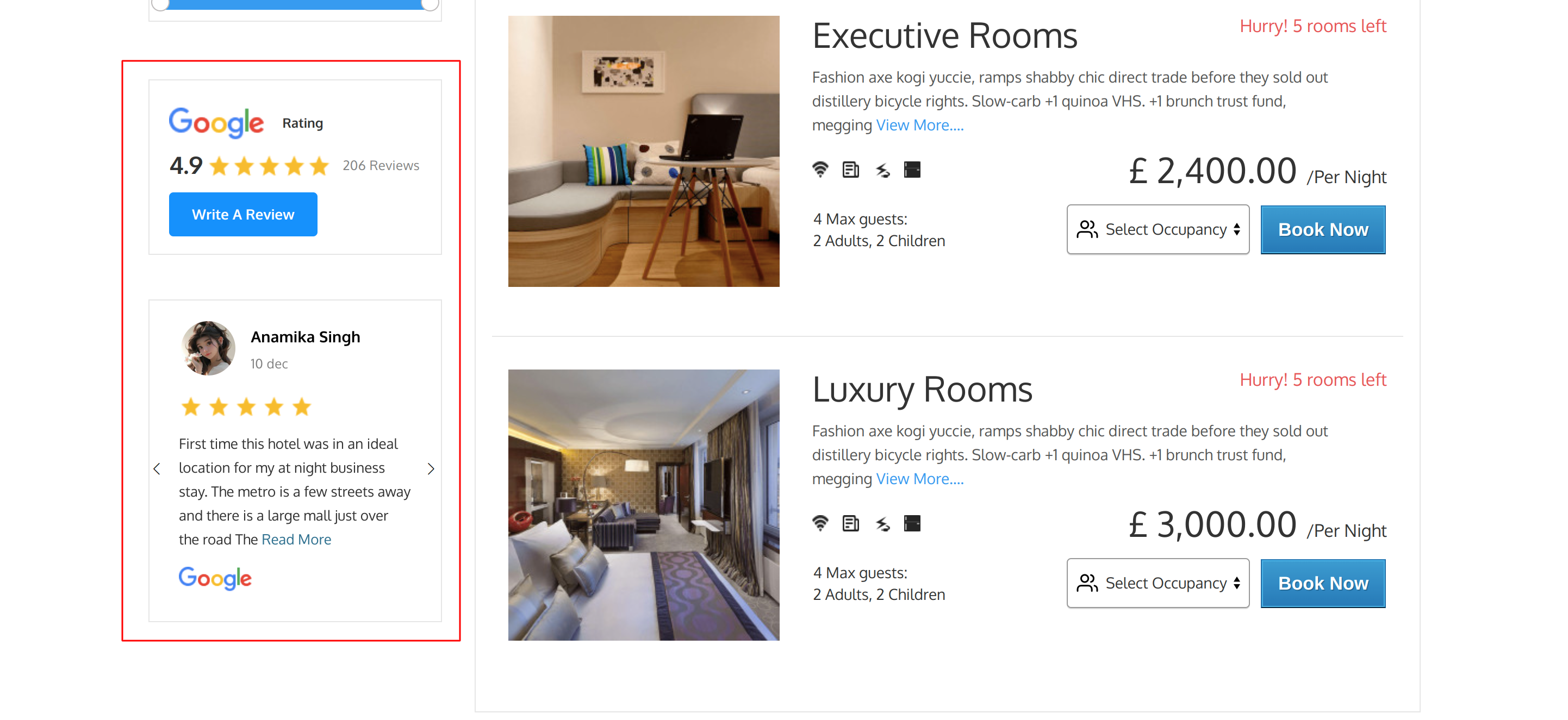Google reviews on room type search result page
