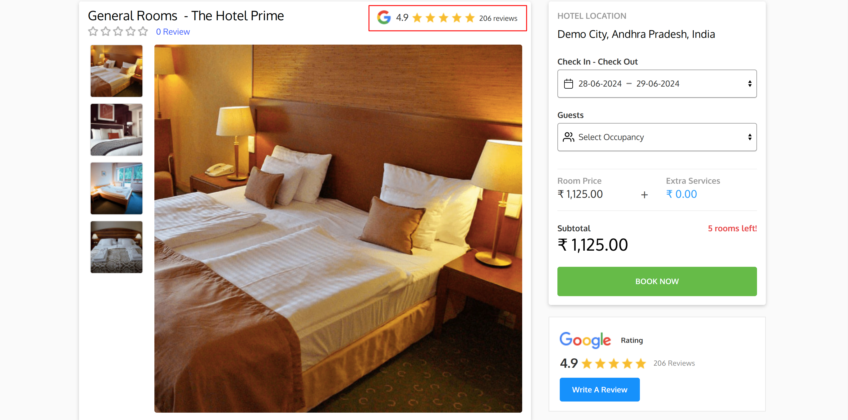 Google Reviews on Room Type Information page Image Block