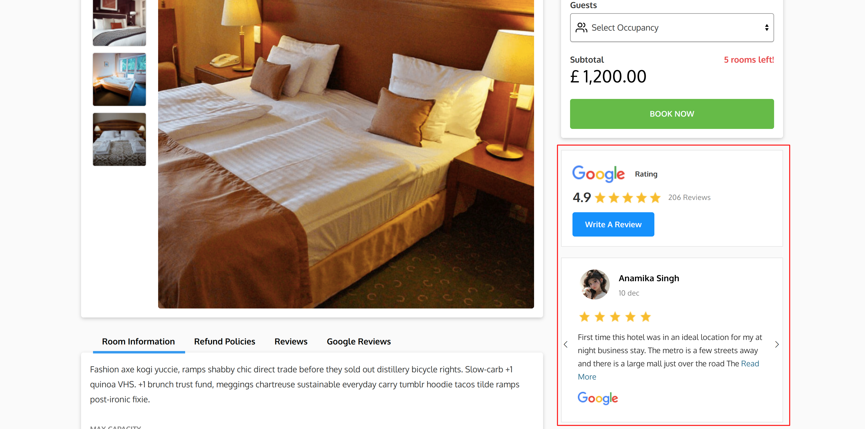 Google Reviews on Room Type Information page Right Block