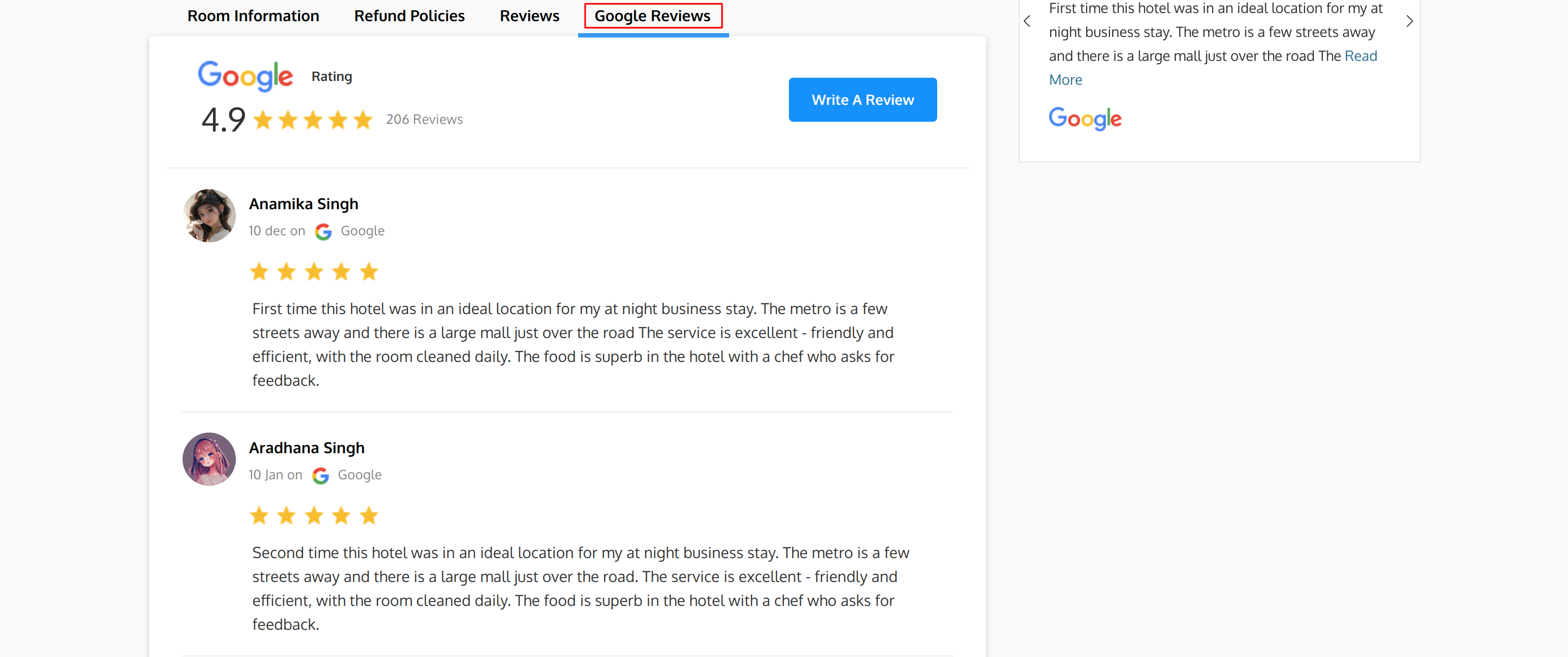 Google Reviews on Room Type Information page Reviews Block