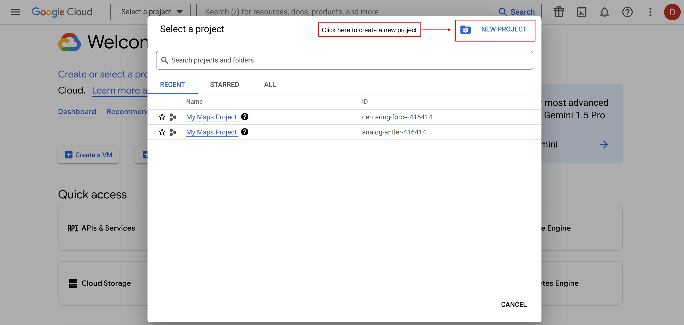 create a new project in Google Console