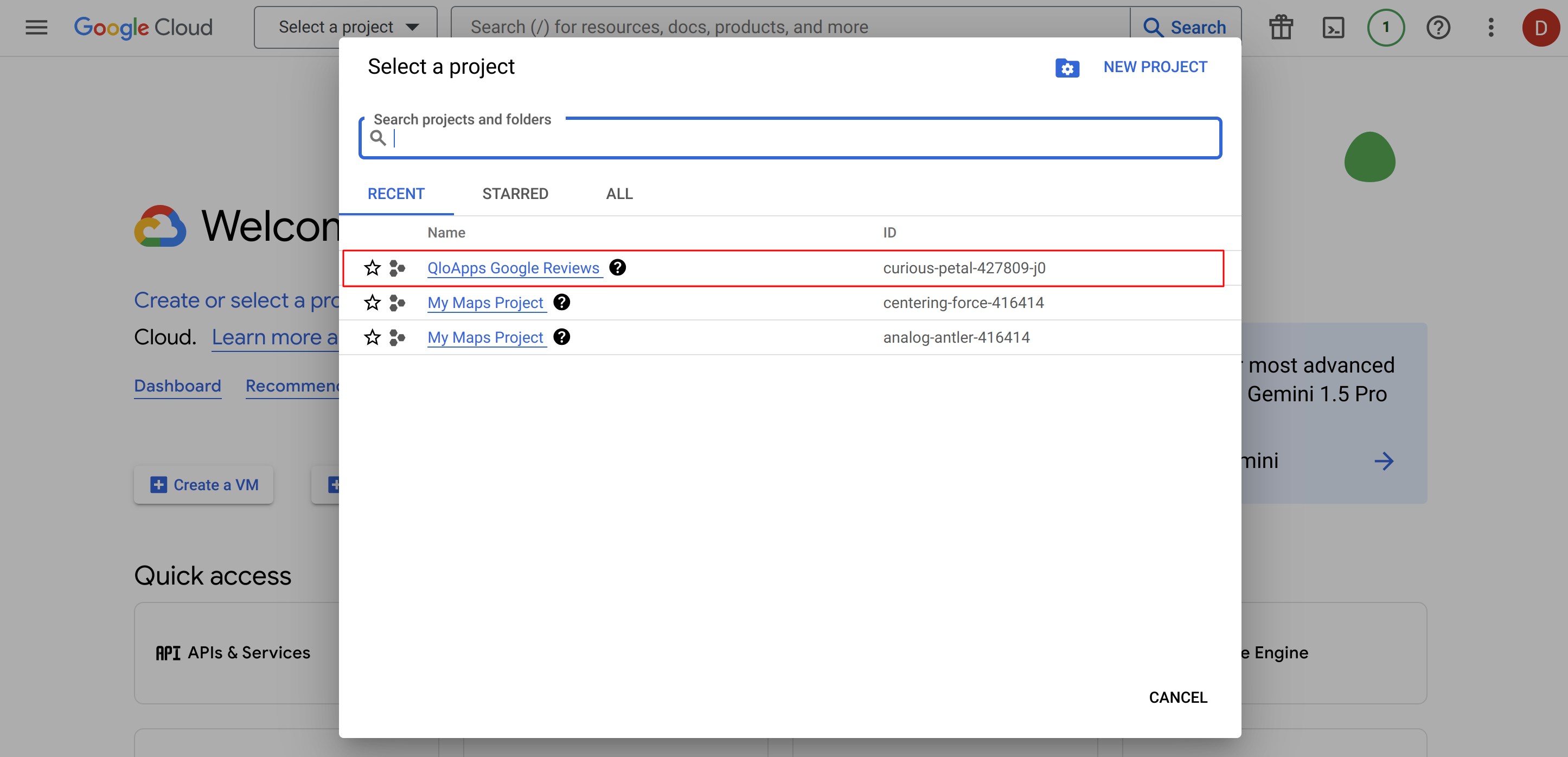 select project in Google Console
