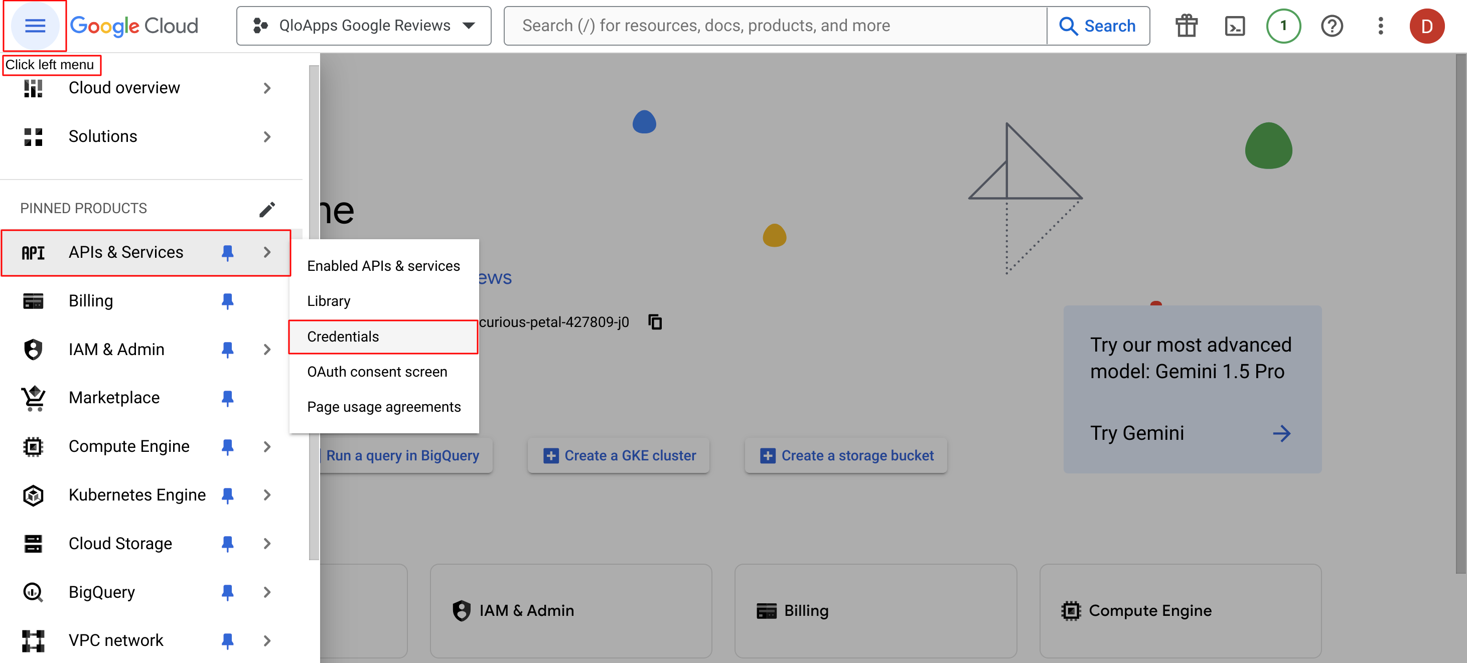 Open credentials page in Google Console