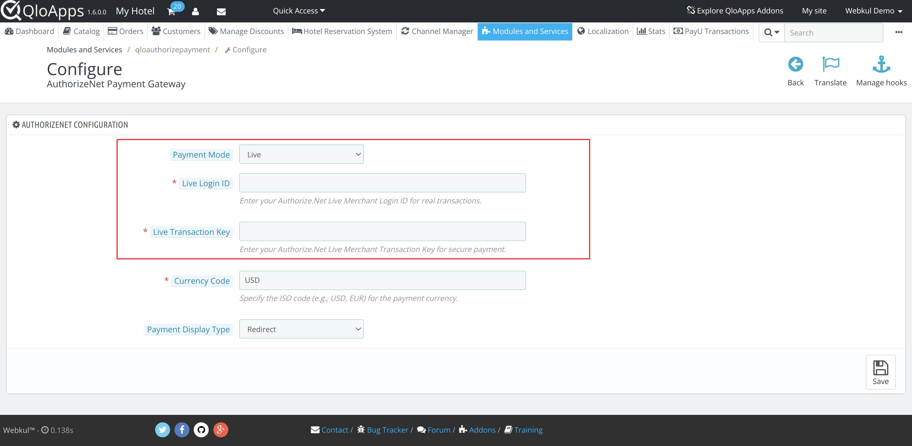 Live Mode Configuration of QloApps Authorize.Net Payment