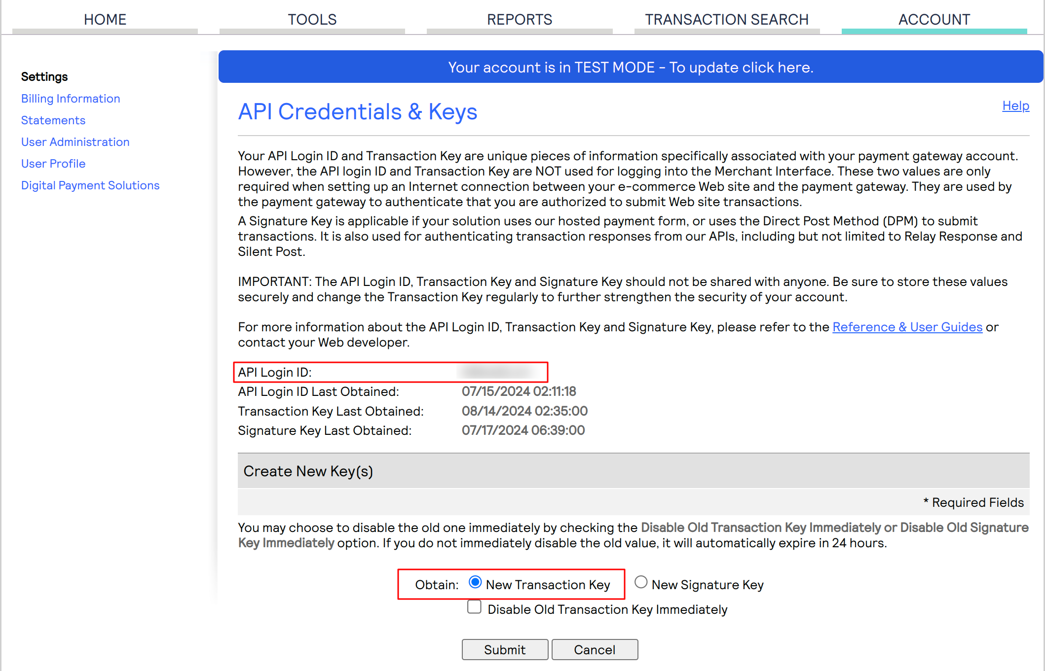 API Credentials and keys tab in your sandbox account on Authorize.Net Payment website