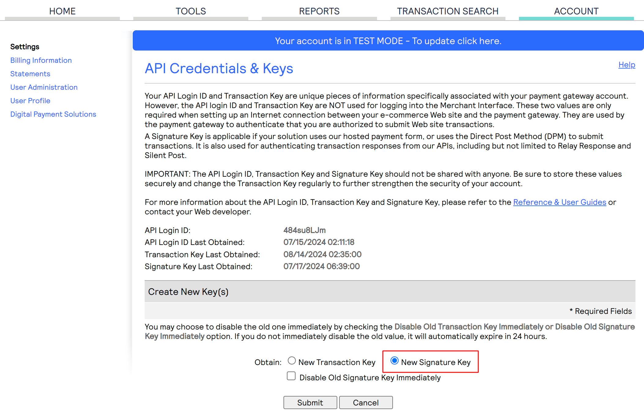 API Credentials and keys tab in your sandbox account on Authorize.Net Payment website