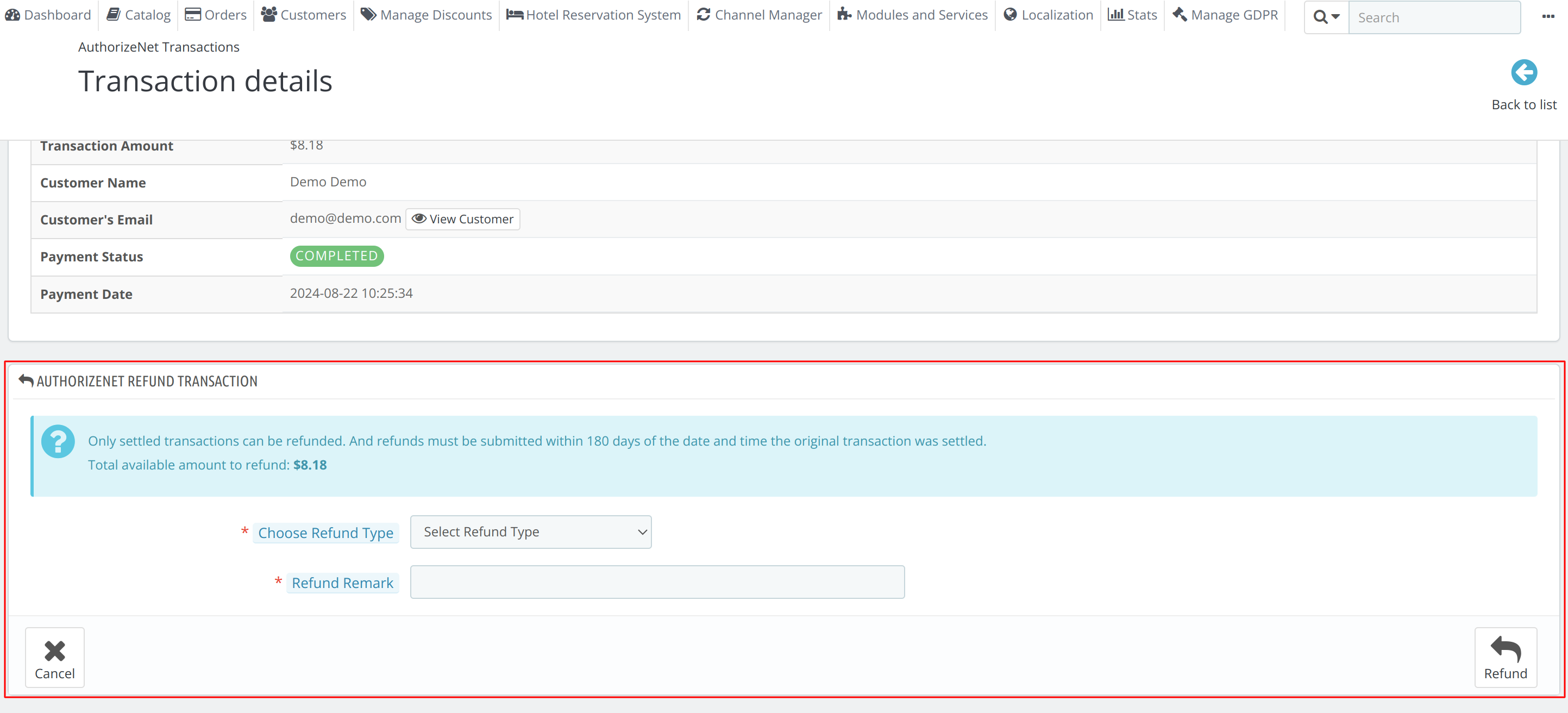 Refund option in authorize.net transactions